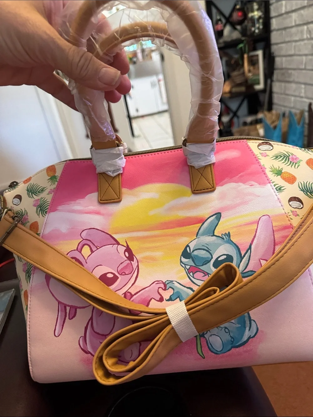 Loungefly Pink Sunset Tropical Dome Satchel with Yellow Accents
